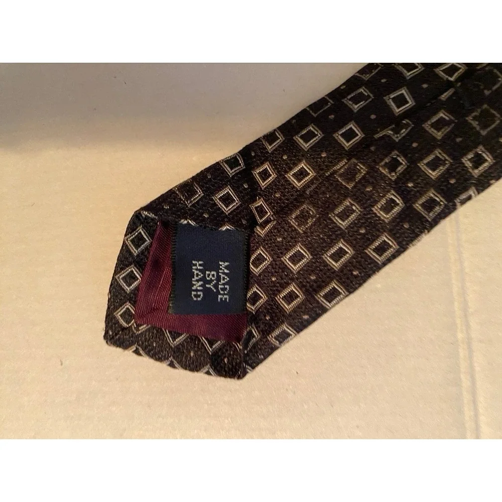 Polo Ralph Lauren Mens Silk Necktie Brown Tan Geometric Square Pattern Hand Made